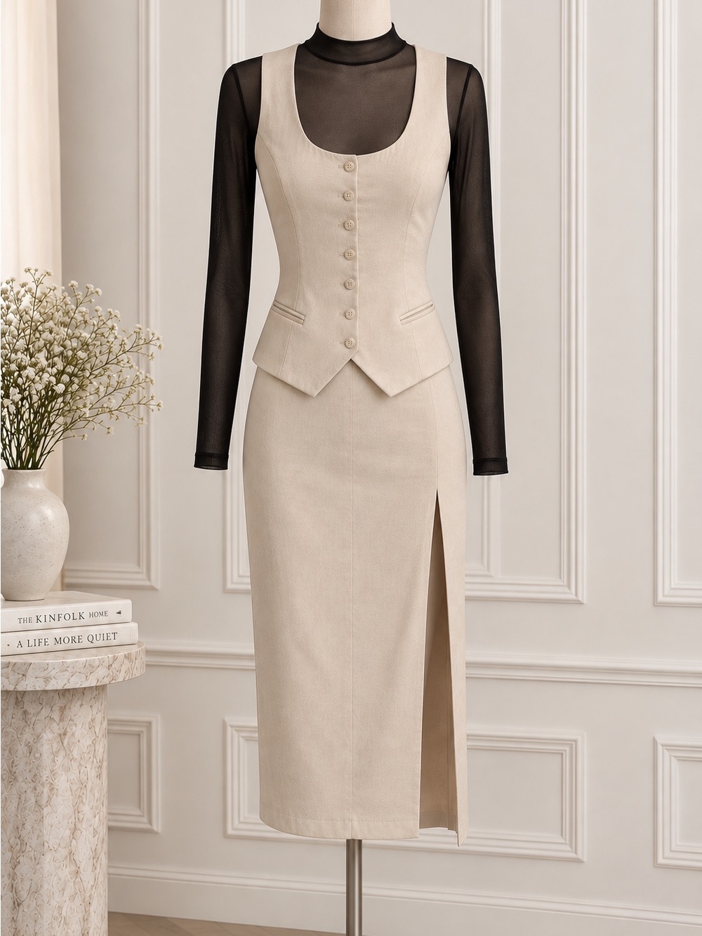 H&M Beige Midi Skirt & Vest Set with Side Slit